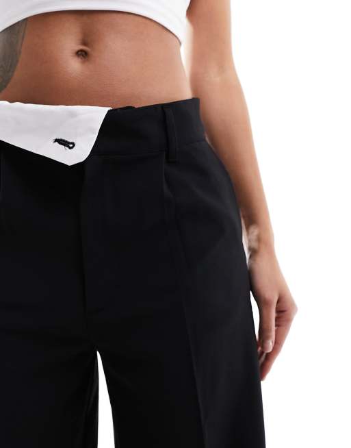 Pull&Bear exposed waistband detail wide leg tailored pants in black, 4 of 5