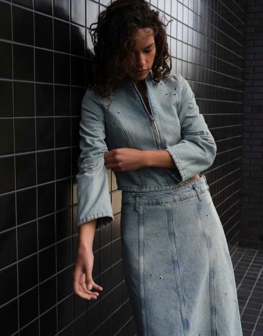 Pull&Bear Eyelet midi skirt in pale blue, 2 of 7