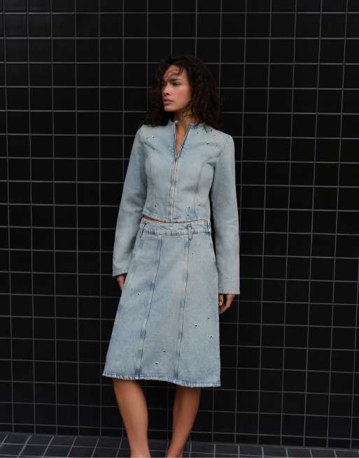 Pull&Bear Eyelet midi skirt in pale blue, 6 of 7