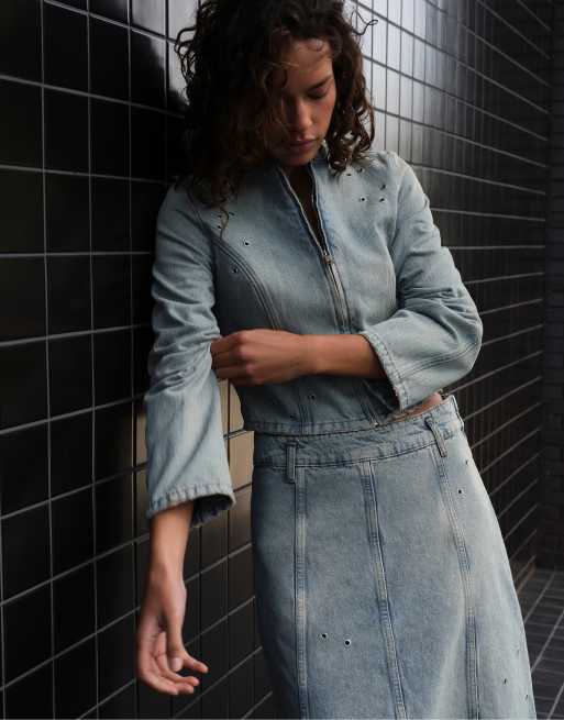 Pull&Bear Eyelet midi skirt in pale blue, 7 of 7