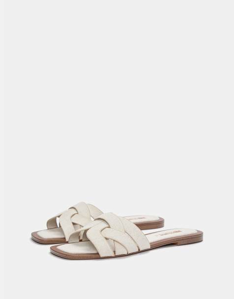 Pull&Bear fabric flat slider sandals in ecru - view 1