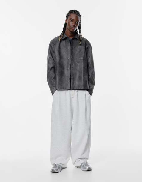 Pull&Bear Faded finish leather effect overshirt in grey - view 1