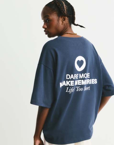 Pull&Bear - Falmet marineblå T-shirt med hjertegrafik - view 1