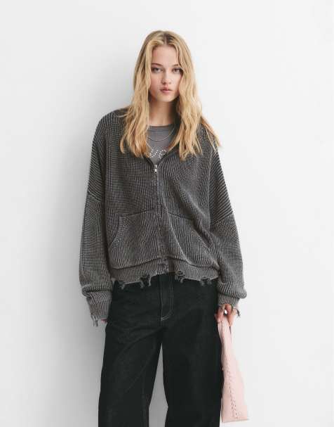 Pull&Bear - Falmet sort cardigan med lynlås i ribstrik - view 1