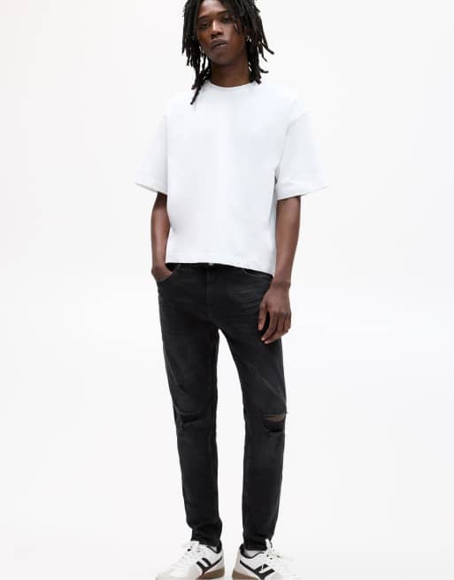 Pull&Bear - Falmet sorte skinny-jeans med flænger