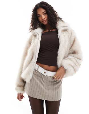 Pull & Bear Faux Fur Bomber Style Coat In Ecru-white