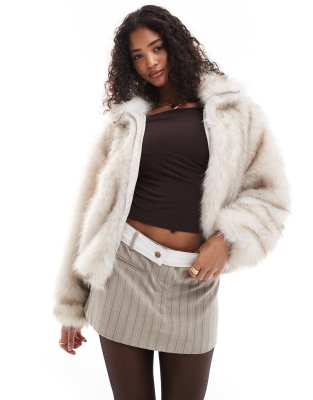 faux fur bomber style coat in ecru-White