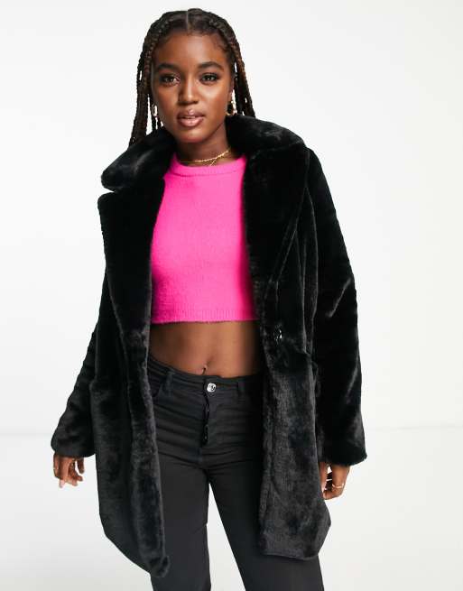 Pull&Bear faux fur coat in black | ASOS