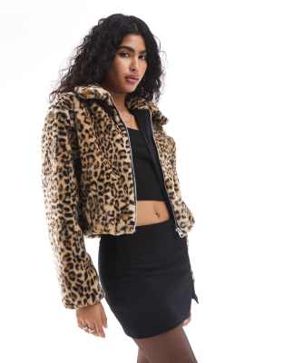 faux fur coat in leopard print-Brown