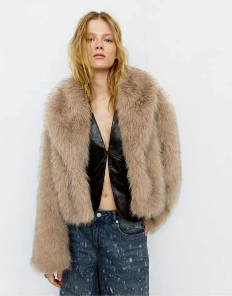 Pull&Bear Faux fur coat in taupe - view 1