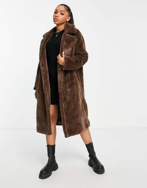 Pull&Bear faux-fur extra long collared coat in brown