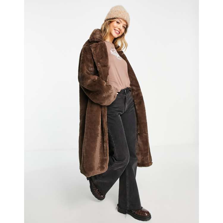 Pull Bear faux fur extra long collared coat in brown ASOS