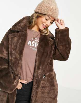 brown faux fur coat with hood