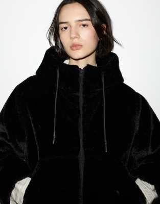 Pull & Bear Faux Fur Hooded Jacket In Black