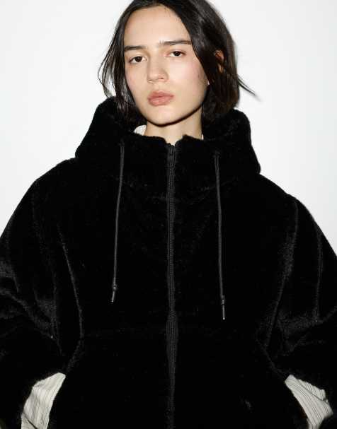 Pull&Bear Faux fur hooded jacket in black
