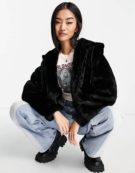 Pull&Bear faux fur jacket with hood in black | ASOS