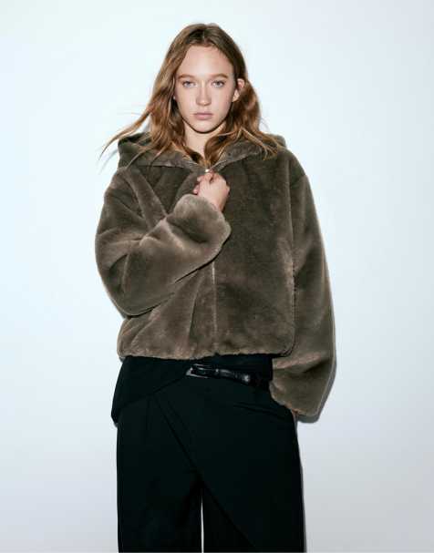 Pull&Bear Faux fur jacket with hood in grey-brown