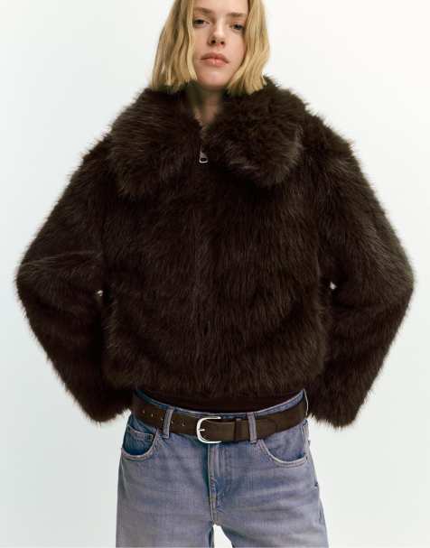 Pull&Bear Faux fur jacket with zip in brown - view 1