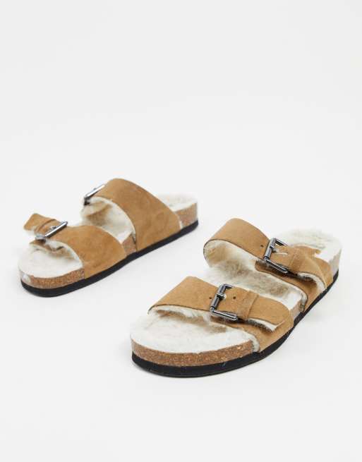 Pull&Bear faux fur lined sandals in tan