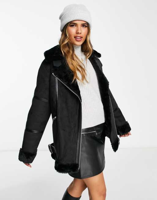 Black faux fur sleeve oversized store aviator jacket