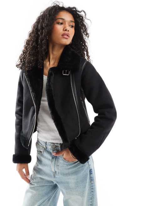 Pull Bear faux fur trim aviator jacket in black