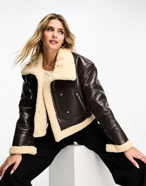 Pull Bear faux fur trim cropped aviator coat in dark brown