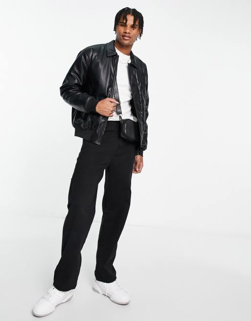 Pull Bear Faux Leather Aviator Jacket In Black