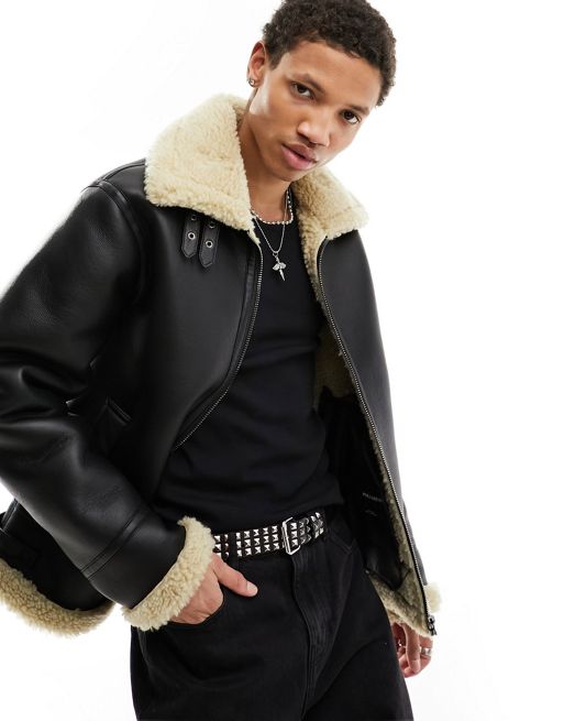 Pull&Bear faux leather aviator jacket in black 