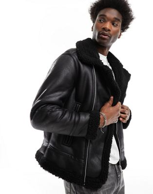 Pull&Bear faux leather aviator jacket with shearling lining in black