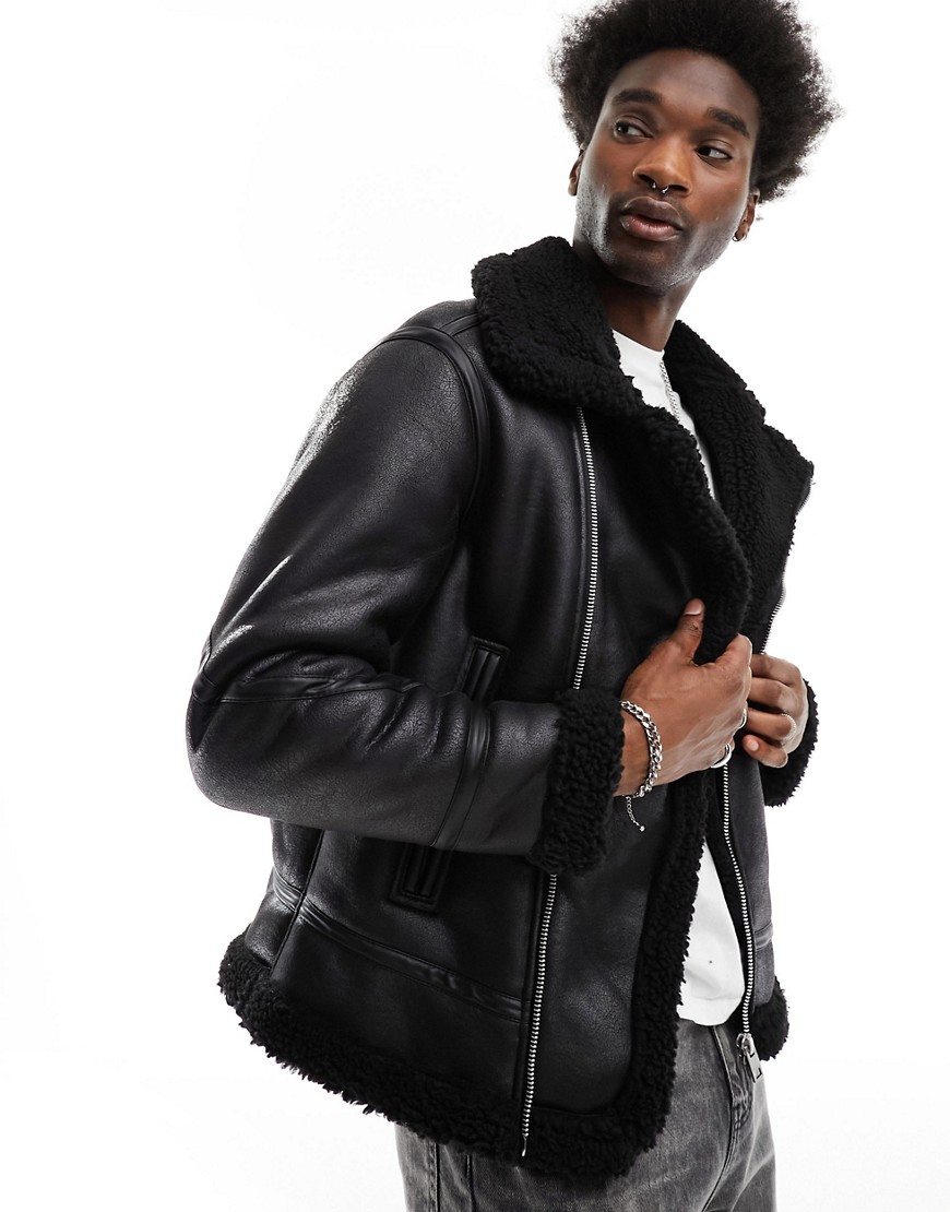 Pull & Bear faux leather aviator jacket with shearling lining in black