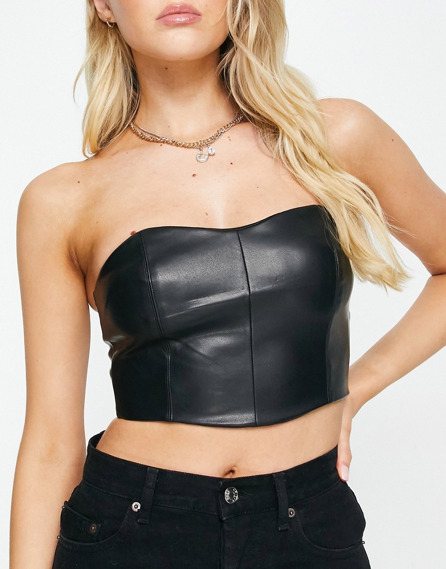 Pull & Bear faux leather bandeau corset co-ord in black