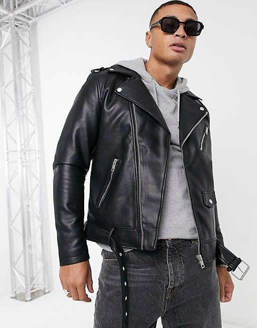 Pull&Bear faux leather biker in black
