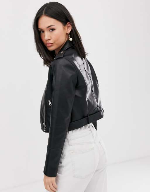 Pull&Bear Women's' Black Oversize Faux Leather Biker Jacket