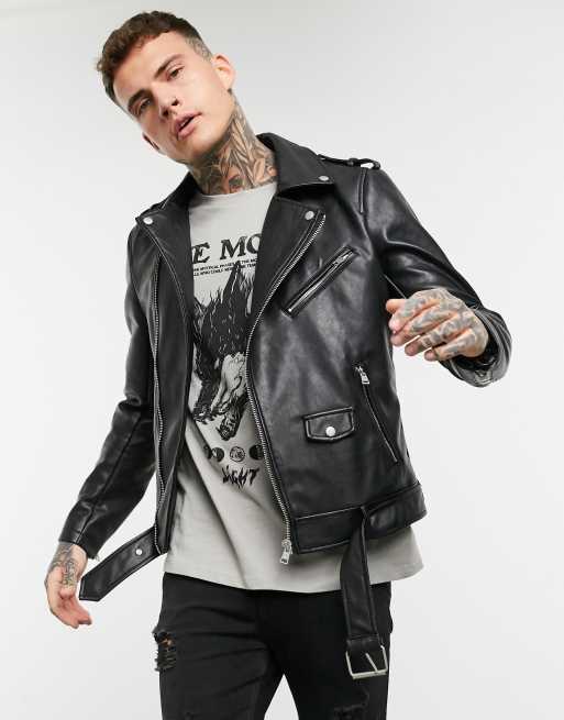 Pull Bear faux leather biker jacket in black ASOS