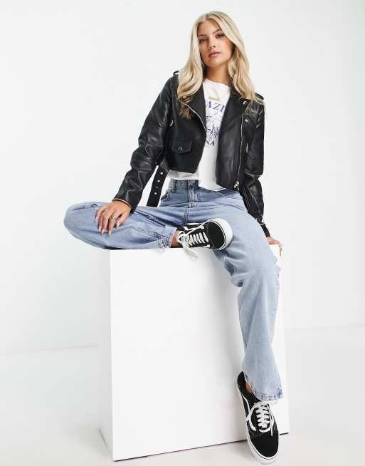 Pull&Bear faux leather biker jacket in black ASOS