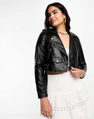 Pull & Bear Faux Leather Biker Jacket In Black