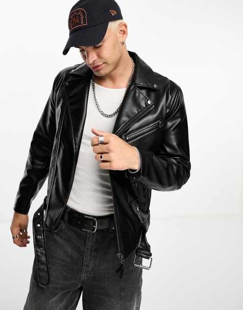 Reclaimed Vintage leather biker jacket in black with metal trims