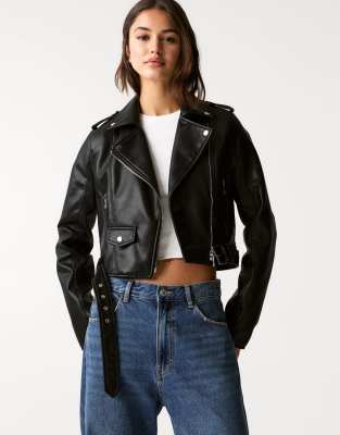 faux leather biker jacket in black
