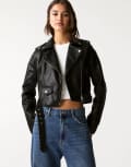 [Pull & Bear] Pull & Bear faux leather biker jacket in black S BLACK