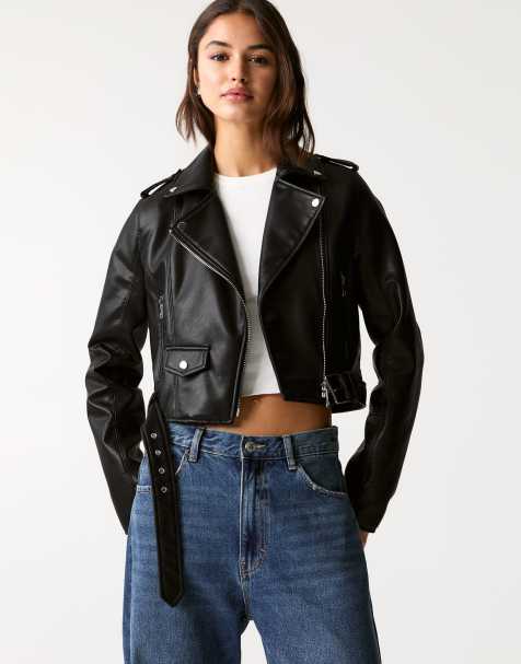 Pull&Bear Faux leather biker jacket in black - view 1
