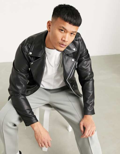 Pull&Bear Men's' Black Black Faux Leather Biker Jacket