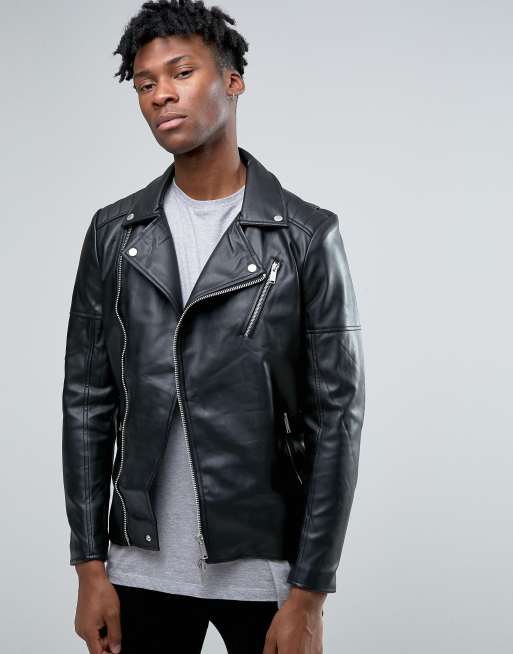 Pull&Bear Men's' Black Black Faux Leather Biker Jacket