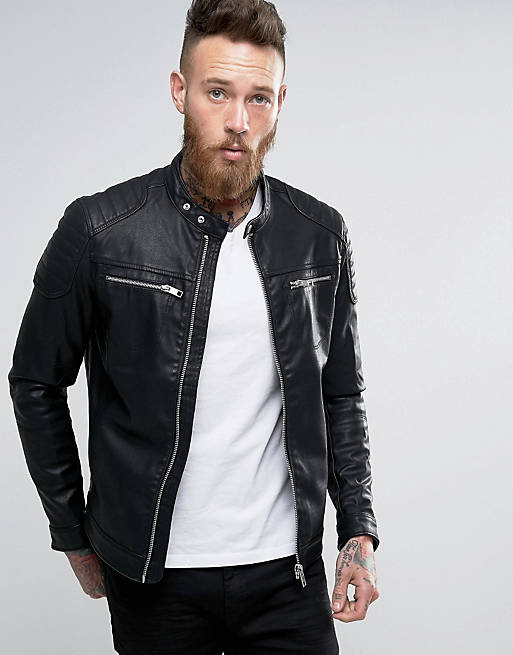 Pull&Bear Faux Leather Biker Jacket In Black | ASOS