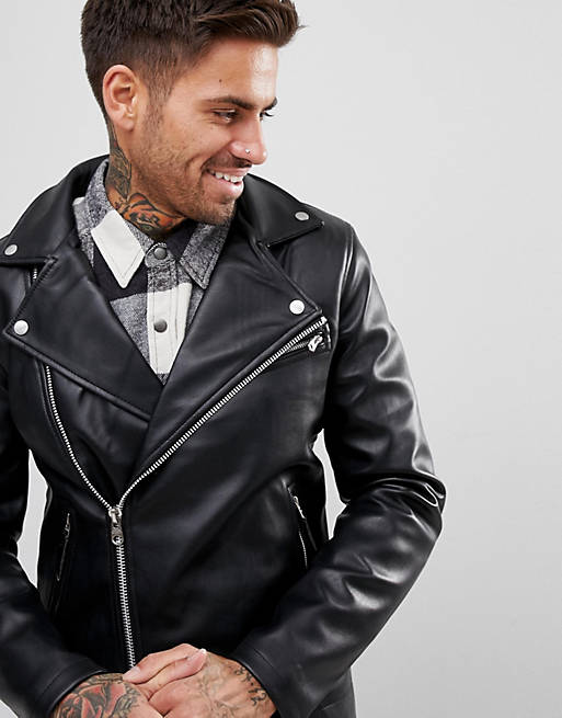 Pull&Bear Faux Leather Biker Jacket In Black | ASOS
