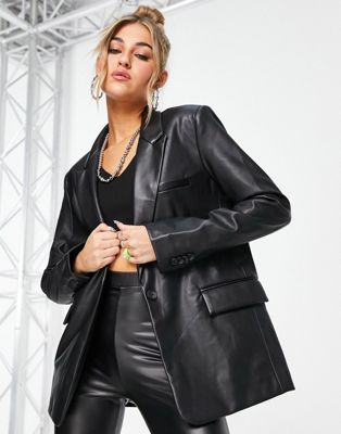 Pull&Bear faux leather blazer in black