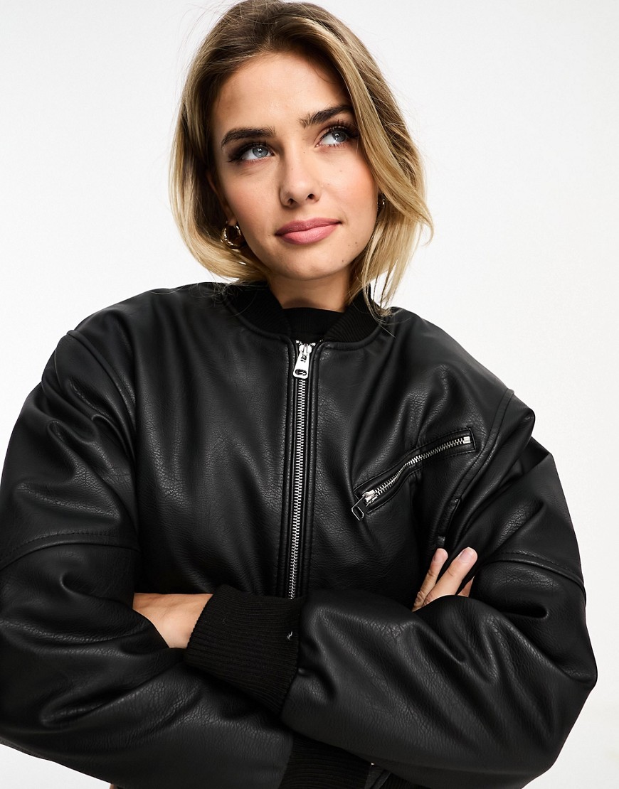 Pull & Bear Faux Leather Bomber Jacket In Black