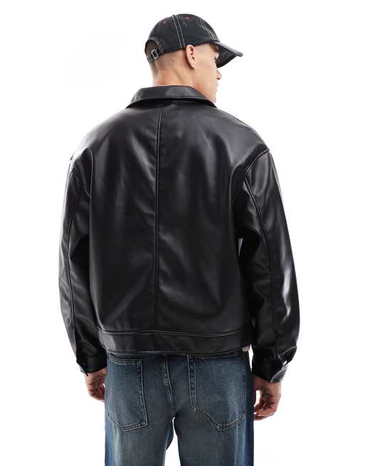 Pull&Bear faux leather bomber jacket in black ASOS