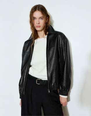 Pull & Bear Faux Leather Bomber Jacket In Black