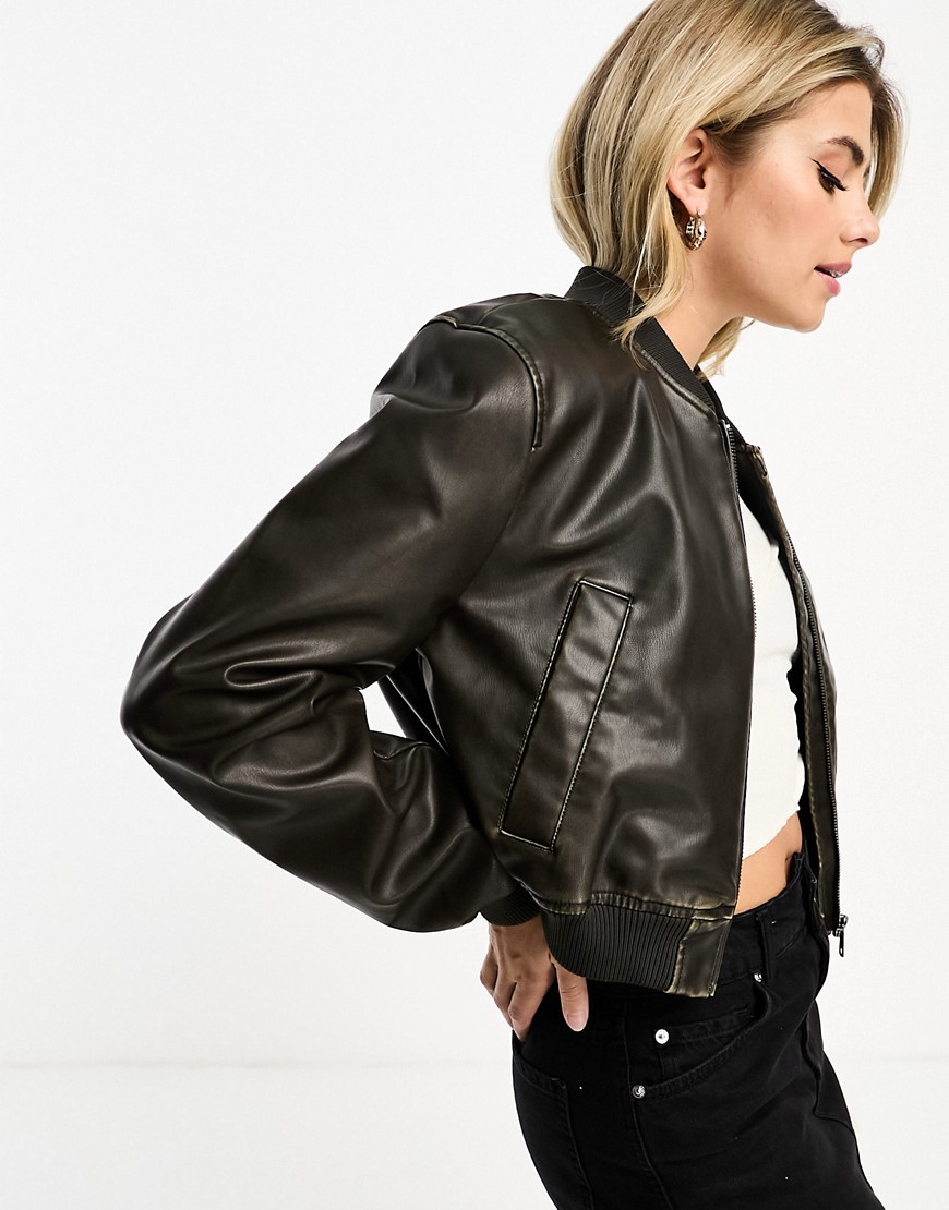 Pull & Bear faux leather bomber jacket in washed black