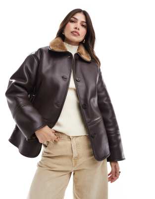 Pull & Bear Faux Leather Coat With Contrast Shearling Collar In Dark Brown